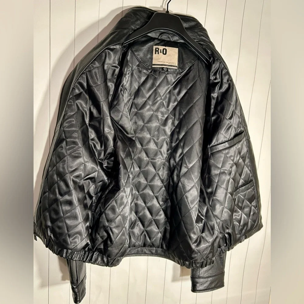 Men's Black Leather Classic Zip Jacket Quilted Lining Casual Pristine R&O Bomber - Picture 6 of 15